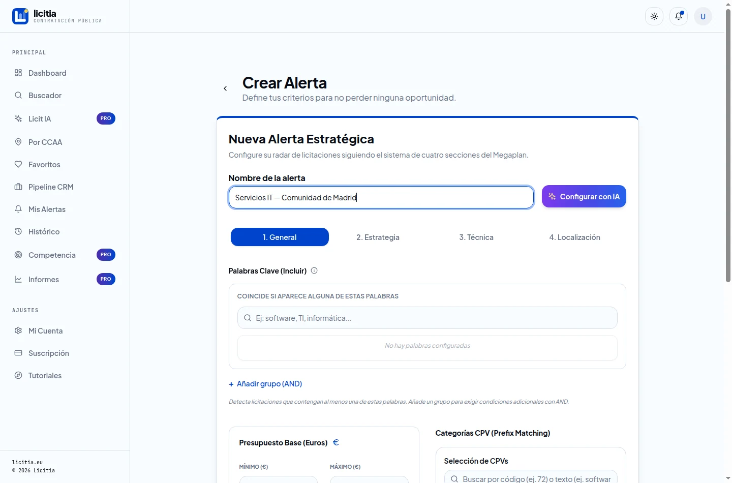 Formulario de nueva alerta vacío, con el nombre y las cuatro pestañas