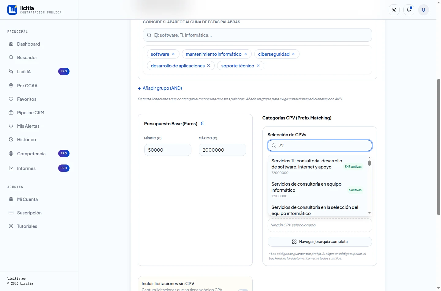 Buscador de CPV mostrando el número de licitaciones activas por rama