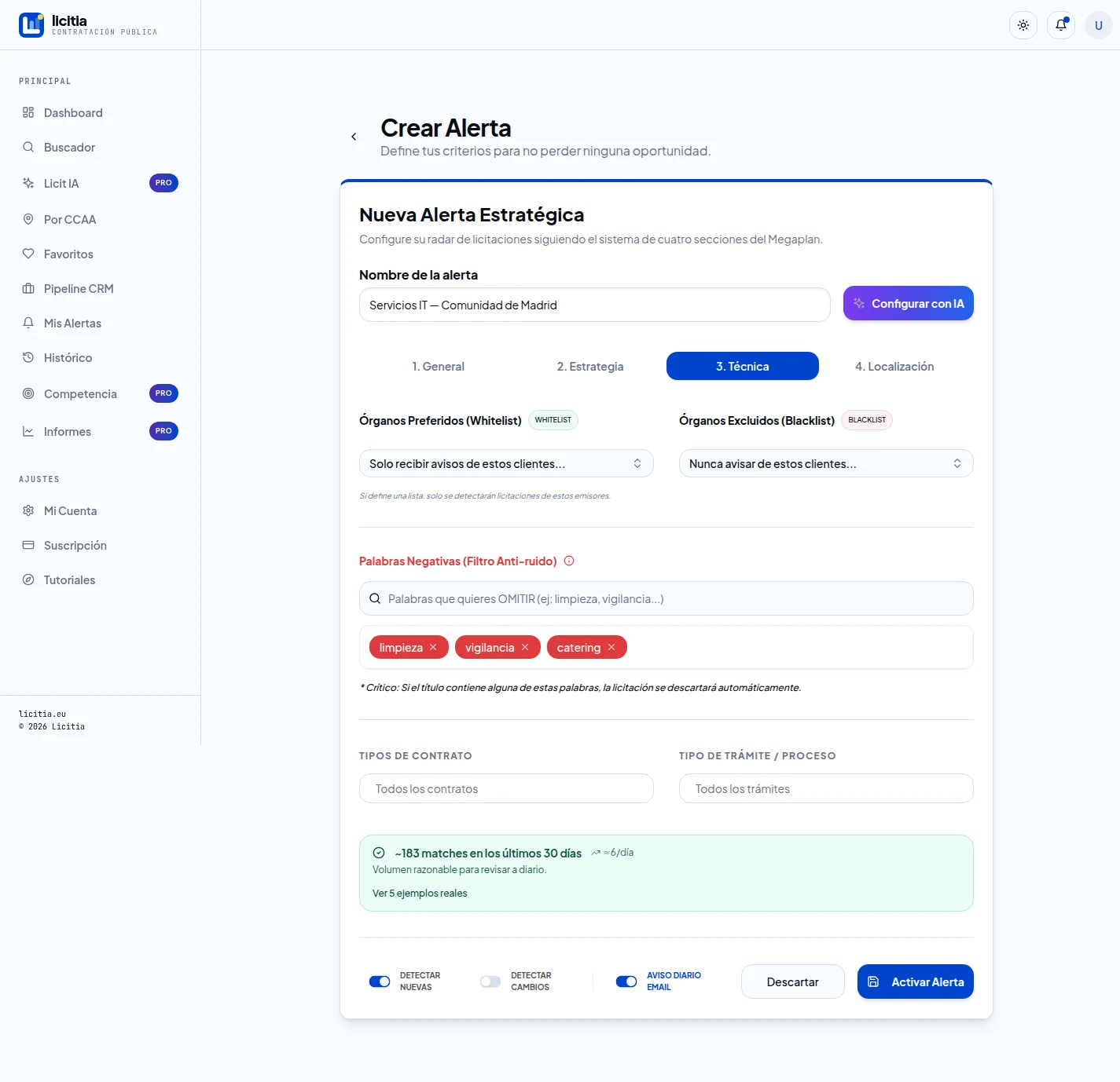Pestaña Técnica: whitelist/blacklist de órganos, palabras negativas y tipos de contrato