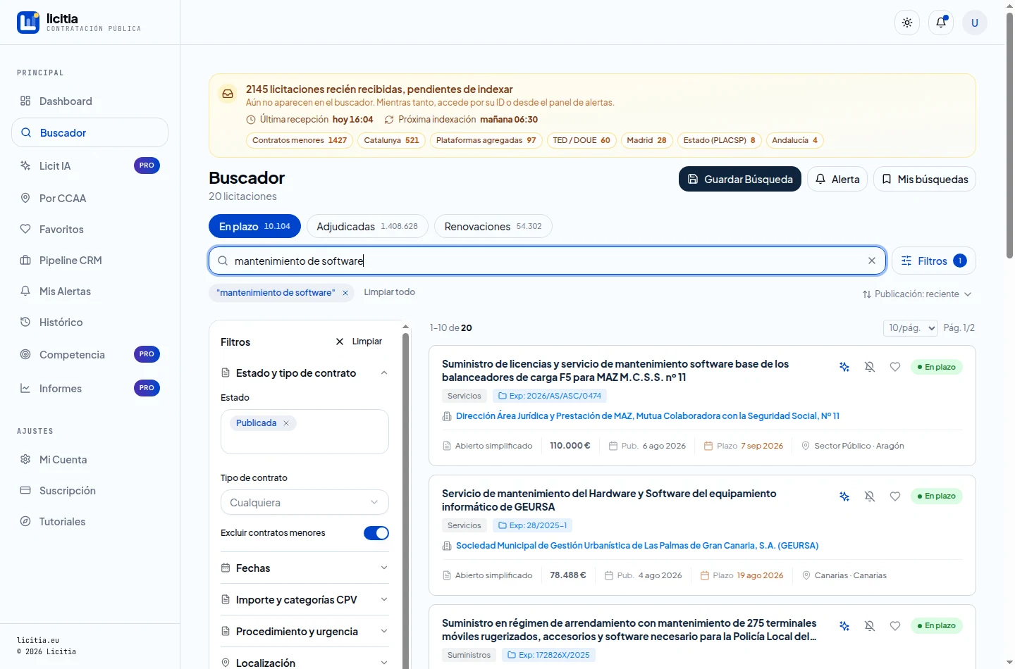 Resultados de «mantenimiento de software» en modo En plazo, con el chip de búsqueda y el panel de filtros