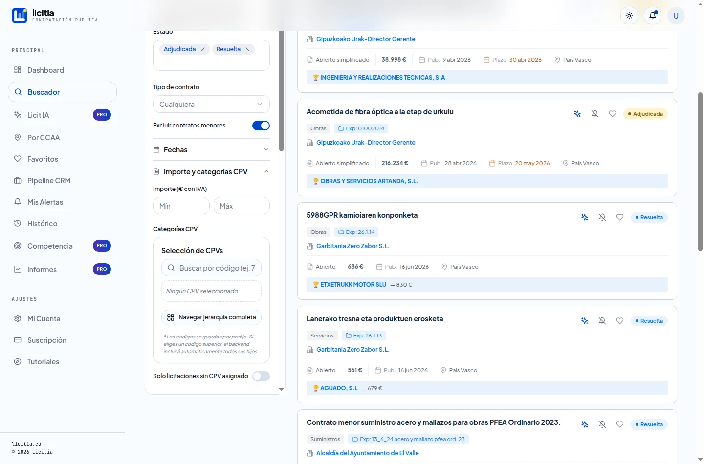 Panel de filtros abierto por Importe y categorías CPV y Localización