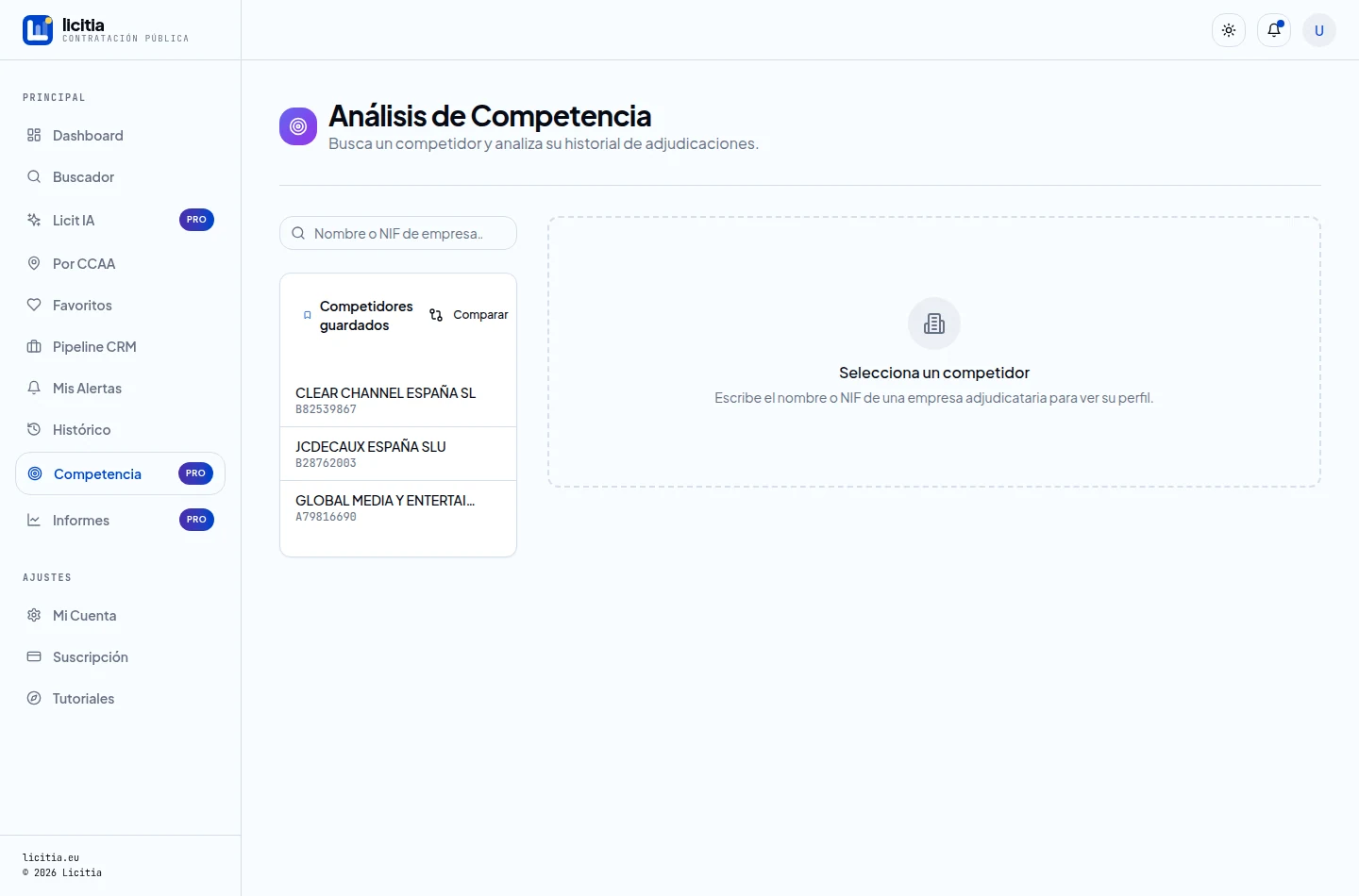 Módulo de Competencia con el buscador y la lista de competidores guardados