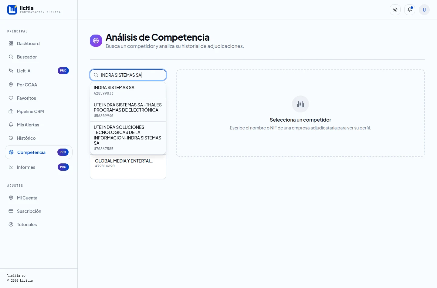 Autocompletado del buscador mostrando las distintas sociedades y UTE del grupo