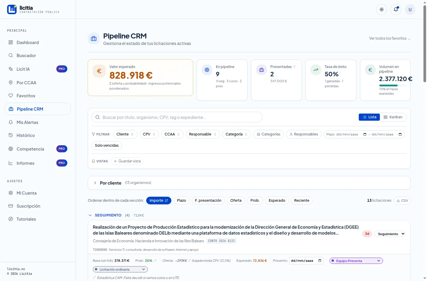Pipeline CRM en vista Lista: KPIs, filtros, agrupación por cliente y tarjetas por estado