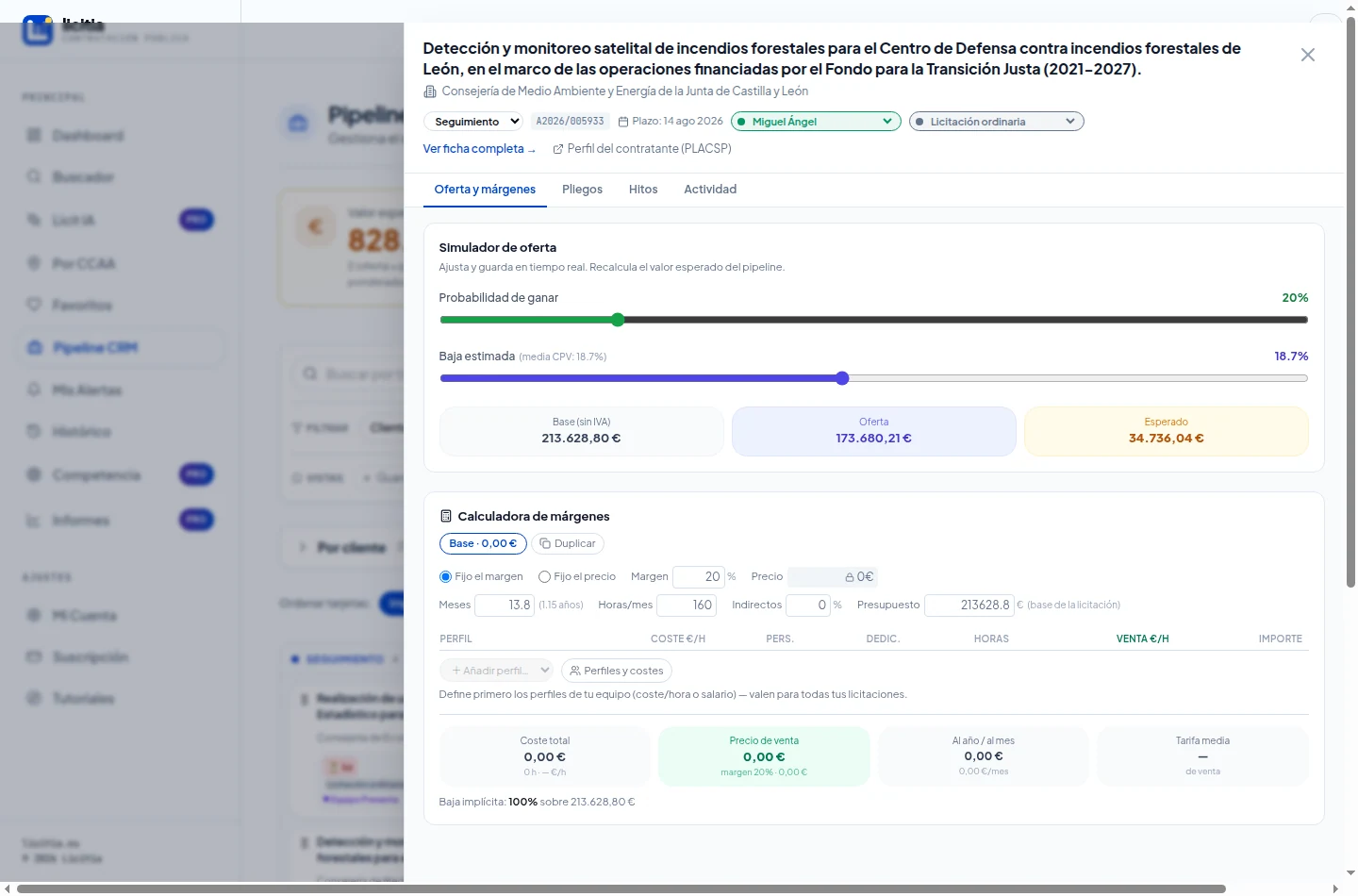 Calculadora de márgenes vacía, antes de añadir perfiles