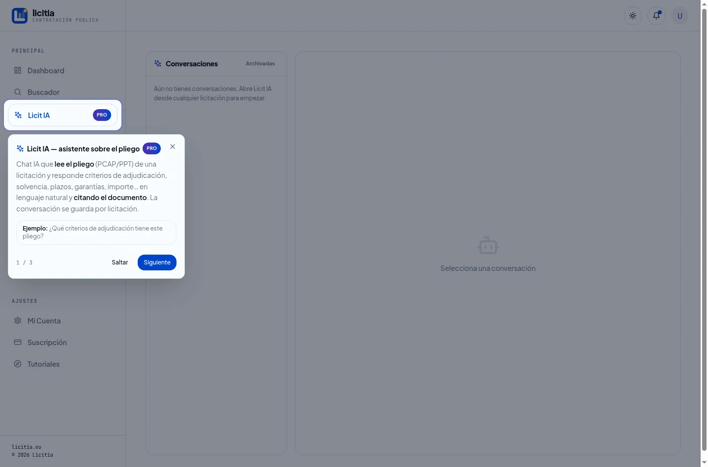 Índice de Licit IA con la lista de conversaciones guardadas por licitación